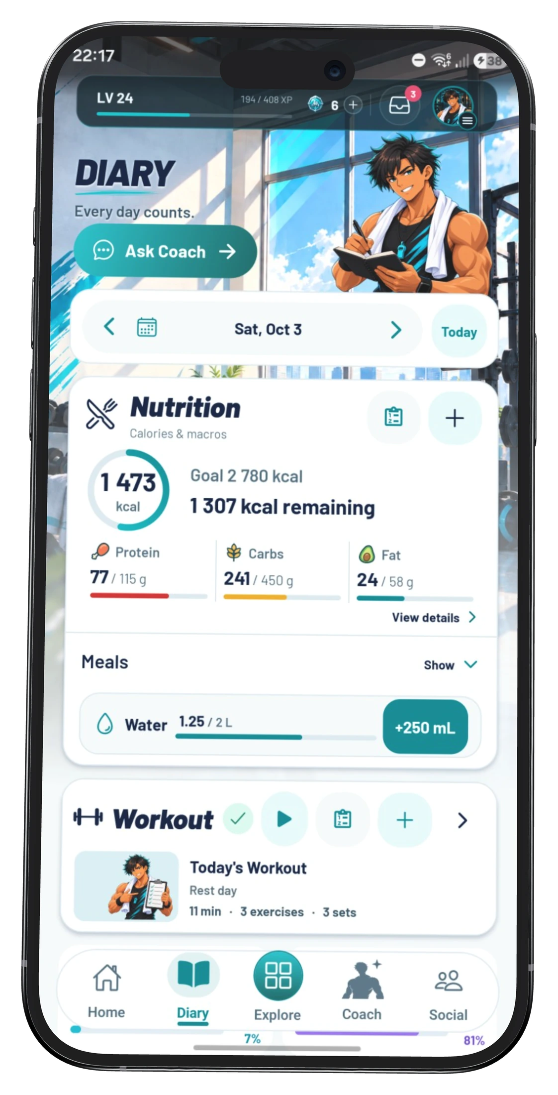 TrackFull diary with nutrition, water, and workout