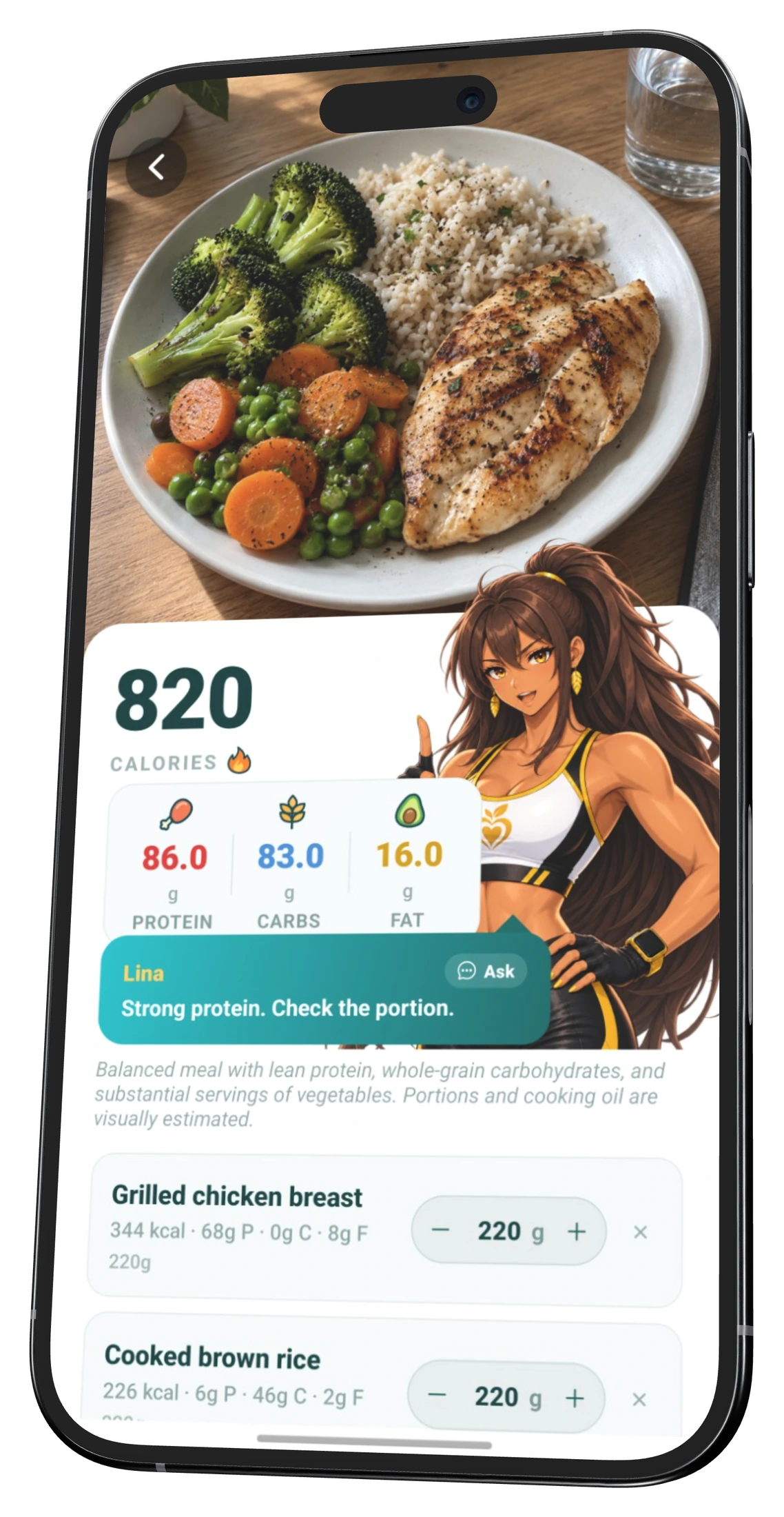TrackFull AI food scan with calories, macros, and Lina’s feedback
