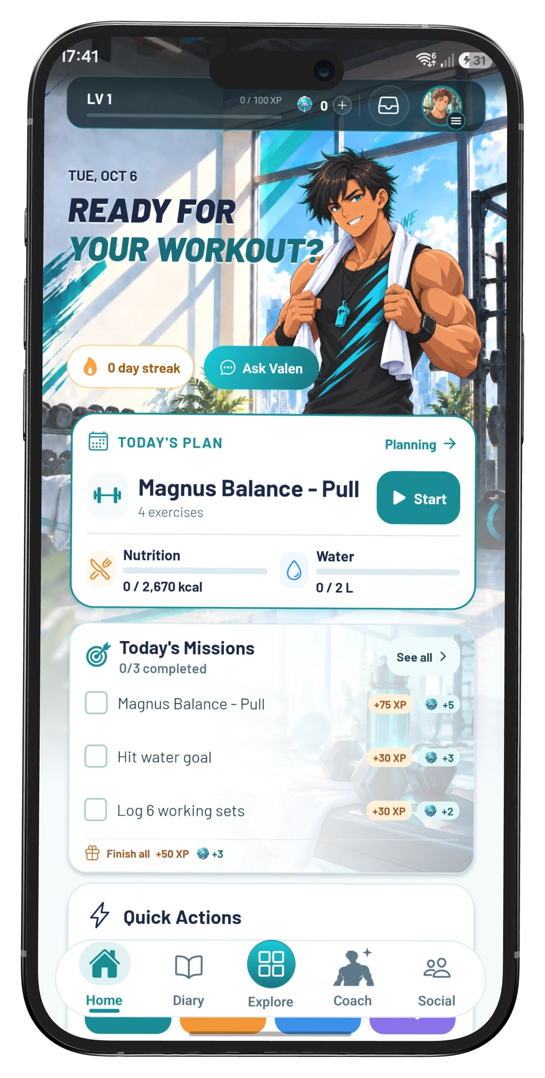 TrackFull home screen with today’s plan and missions