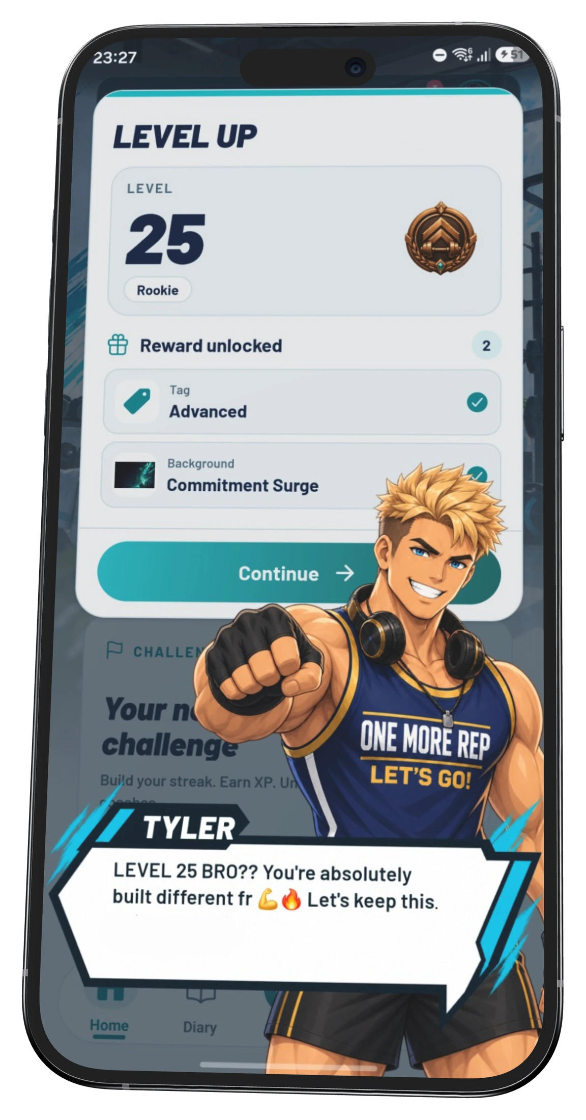 TrackFull level up screen with Tyler